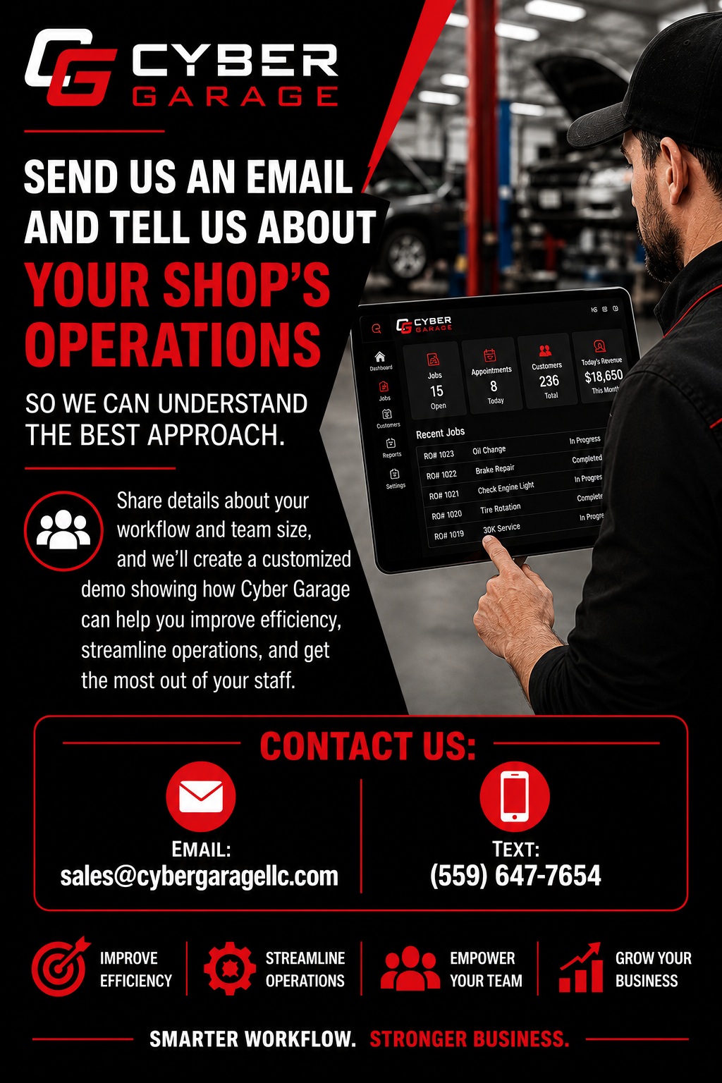 Cyber Garage contact information promotional graphic