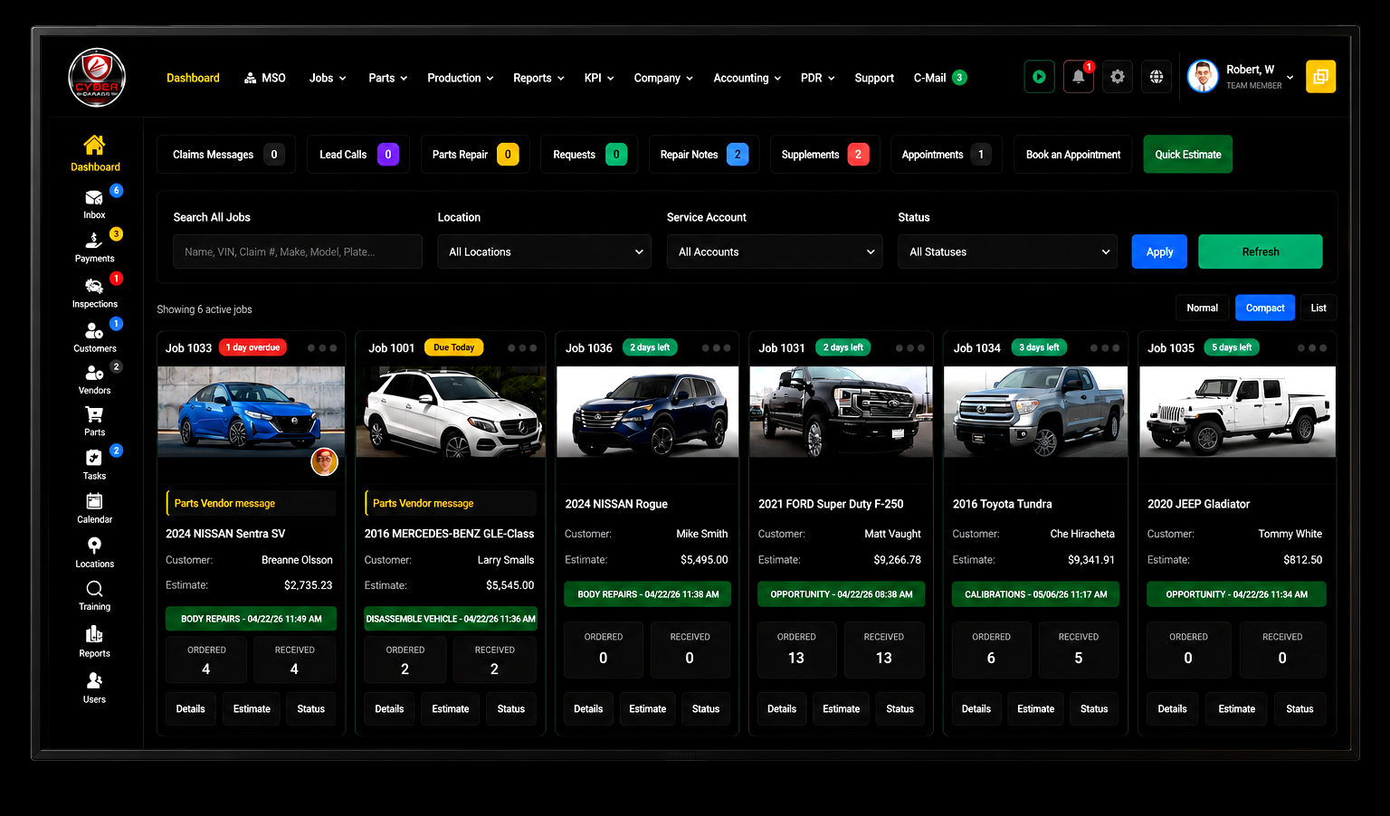 Cyber Garage live shop view dashboard displayed on a wall monitor